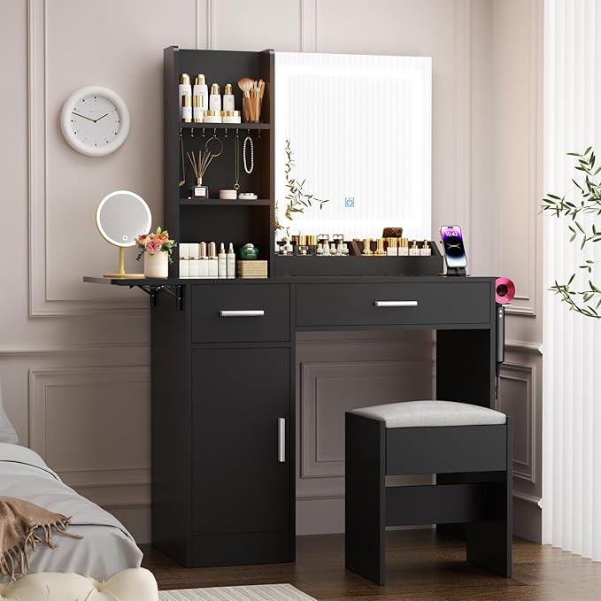 Vanity Desk with Mirror and Lights & Extral Foldable Desk, 35.43" & 43.3" Makeup Vanity Table with Stool and Plug Outlet, 5 Drawers and Open Shelves Dressing Table for Bedroom,Black