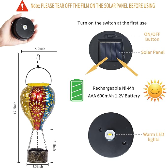 Solar Hot Air Balloon Lantern, Hanging Lanterns Outdoor Waterproof Decorative Metal LED Lantern Solar Lights for Trees Patio Garden Yard Porch Decor, Multi-Color