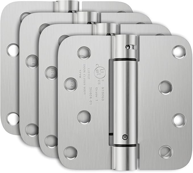 4 Pack Self Closing Door Hinges, 4 Inch Spring Loaded Door Hinges with 5/8'' Radius Corners, Adjustable Tension for Garage, Front, Back Door, UL Listed, Left and Right Hand, Brushed Nickel
