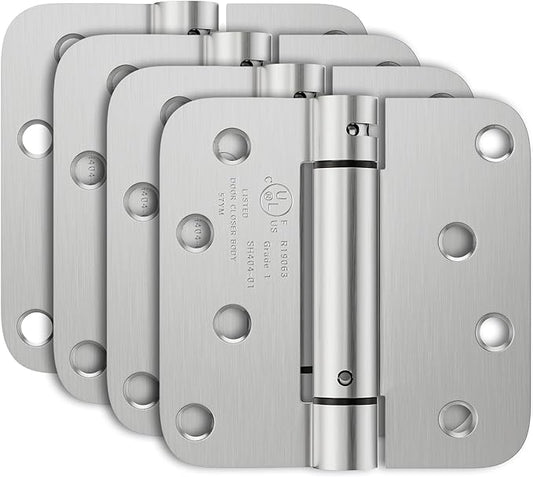 4 Pack Self Closing Door Hinges, 4 Inch Spring Loaded Door Hinges with 5/8'' Radius Corners, Adjustable Tension for Garage, Front, Back Door, UL Listed, Left and Right Hand, Brushed Nickel