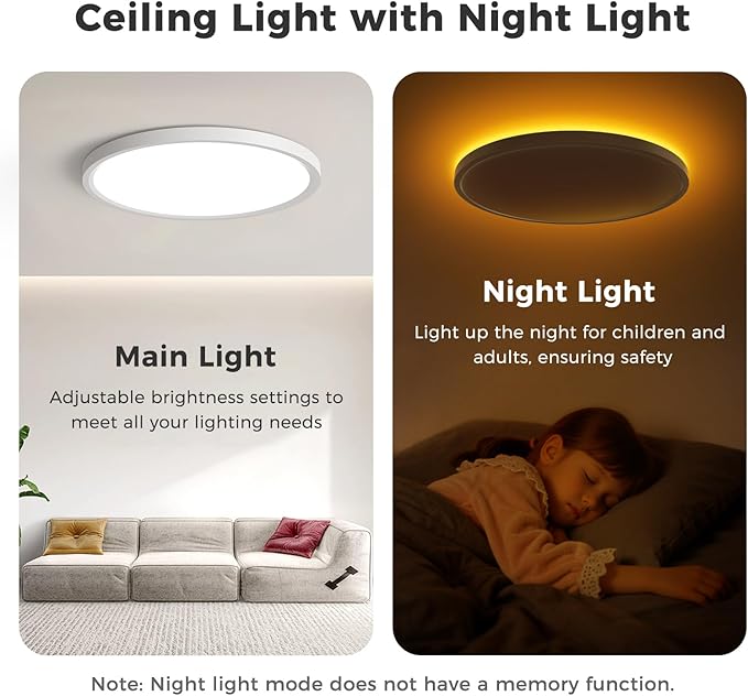Flush Mount Ceiling Light with Nightlight 12inch,24W 2400LM Dimmable LED Ceiling Lights with Remote & APP Control, 2700K-6000K Adjustable,Perfect for Bedroom/Living Room/Kitchen,Round White (1)