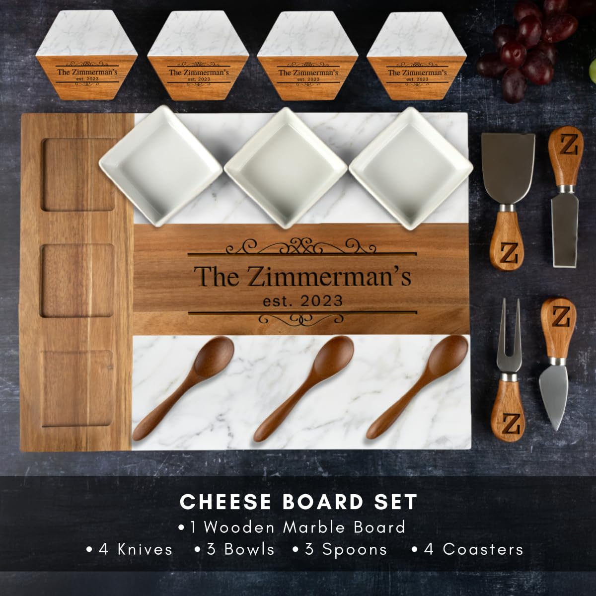 Personalized Charcuterie Board Set, Custom Engraved Marble Cheese Board with Knife Set, Wedding Engagement Gift for Couples, engagement gifts for couples Bridal Shower & Housewarming Gift