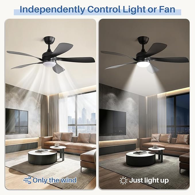Sofucor 52 Inch Ceiling Fans with Lights and Remote, Outdoor Ceiling Fan with Light 6-Speed 3 CCT 3-Timer, Black Low Profile Ceiling Fan 5 Blade Reversible DC Motor for Living Room Bedroom Patio