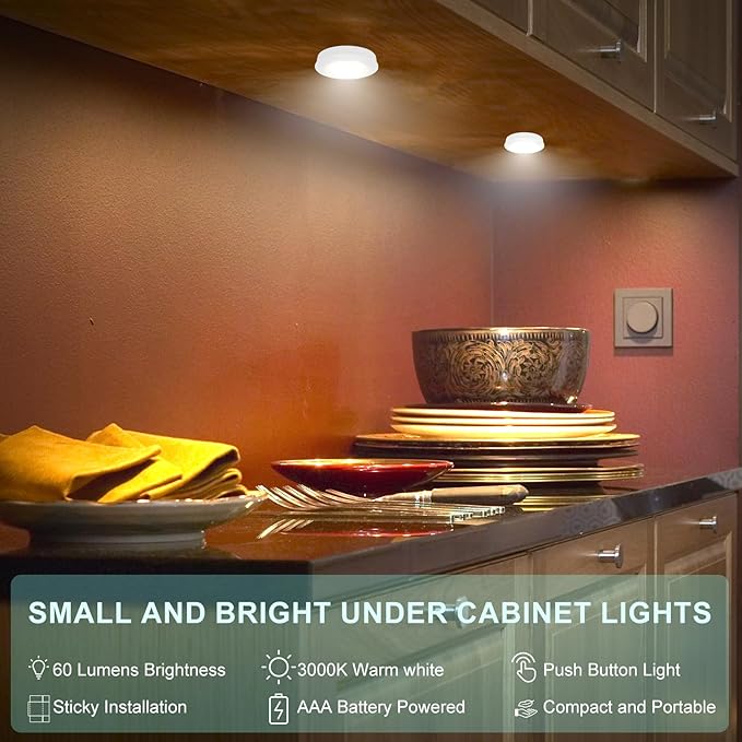 Wireless LED Puck Lights, Touch Activated Tap Ligh, Battery Operated Stick On Lights for Under Cabinet, Kitchen, Closet & Counters, 3-Pack, White
