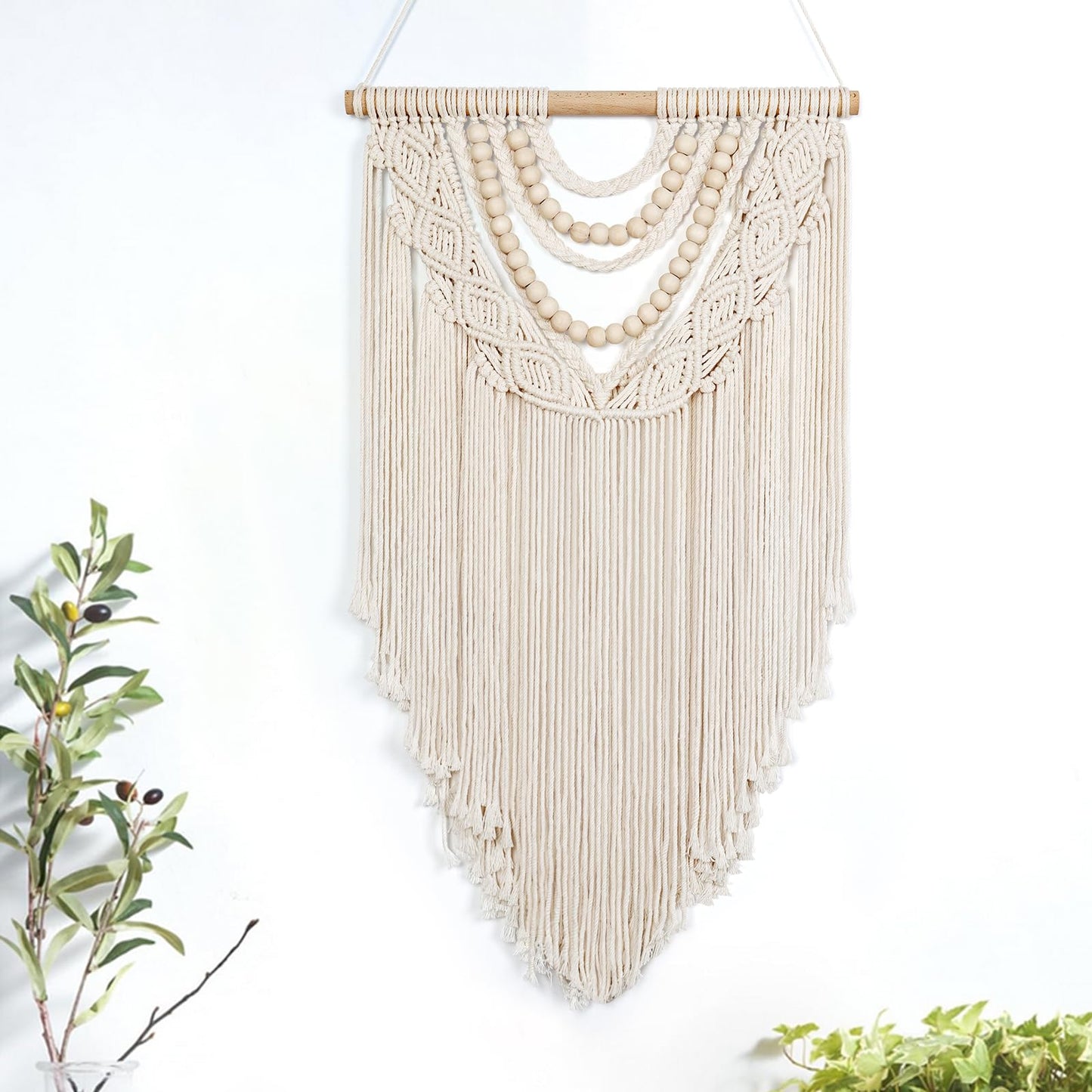 LOMOHOO Macrame Wall Hanging Boho Handmade Geometric Woven Tapestry Bohemian Wall Art Decor with Chic Wooden Beads Home Decor for Bedroom Living Room Apartment Dorm Gallery Wedding 16.5"x30"""