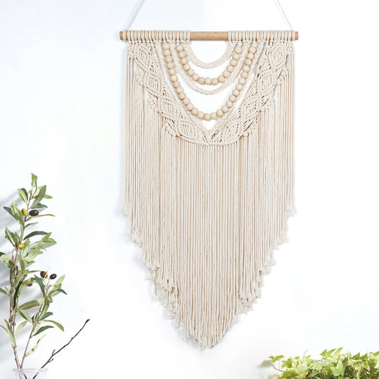 LOMOHOO Macrame Wall Hanging Boho Handmade Geometric Woven Tapestry Bohemian Wall Art Decor with Chic Wooden Beads Home Decor for Bedroom Living Room Apartment Dorm Gallery Wedding 16.5"x30"""