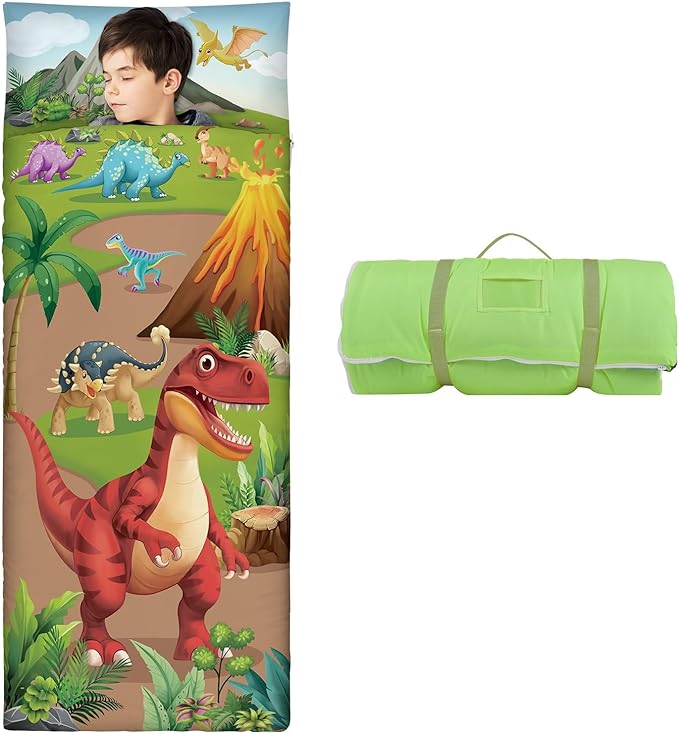 Kids Sleeping Bag Toddler Nap Mat with Removable Pillow, Large Foldable Sleeping Bag for Girls Boys, Easy Clean Slumber Bag with Double Zip for Camping School Preschool Daycare, 59×24 inch