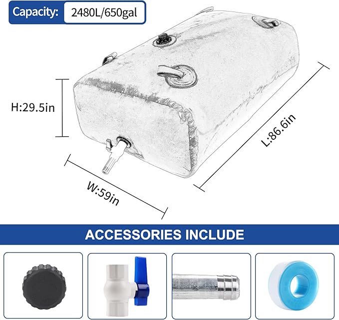 2480 L/650 Gal Water Bladder Tank, Foldable Portable Water Storage Container, Emergency Water Bag for RV, Truck Bed, Fire Prevention, Drought Resistance, Blue