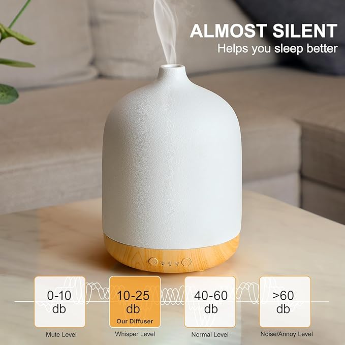 Ceramic Essential Oil Diffusers for Home, Decorative Bedroom Aromatherapy Scent Air Diffuser Ultrasonic Aroma Defusers 250ml with Timed-Wood Grain+White