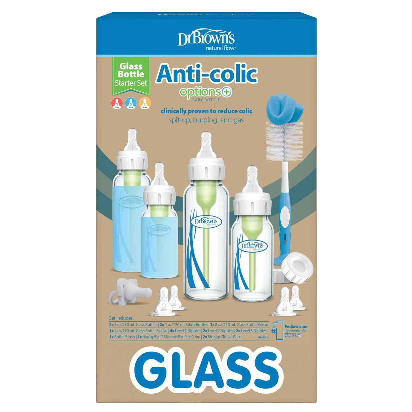 Dr. Brown's Anti-Colic Options+ Narrow Glass Baby Bottle Starter Set with Level 1, 2, and 3 Nipples, Silicone Sleeves, Soft-Touch Brush, Travel Caps, and HappyPaci, 0m+ (Packaging May Vary)