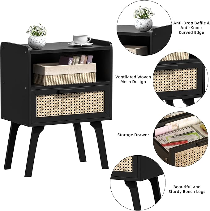 Lerliuo Rattan Nightstand, Bedside Table with Drawer Open Shelf, Cane Accent Side End Table with Solid Wood Legs, Black Mid Century Night Stand for Bedroom, Dorm and Small Spaces