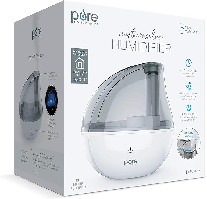 Pure Enrichment MistAire Silver Ultrasonic Cool Mist Humidifier for Bedroom, Office, Nursery & Indoor Plants - Lasts Up to 25 Hours, Whisper-Quiet Operation, Optional Night Light, & Auto Shut-Off
