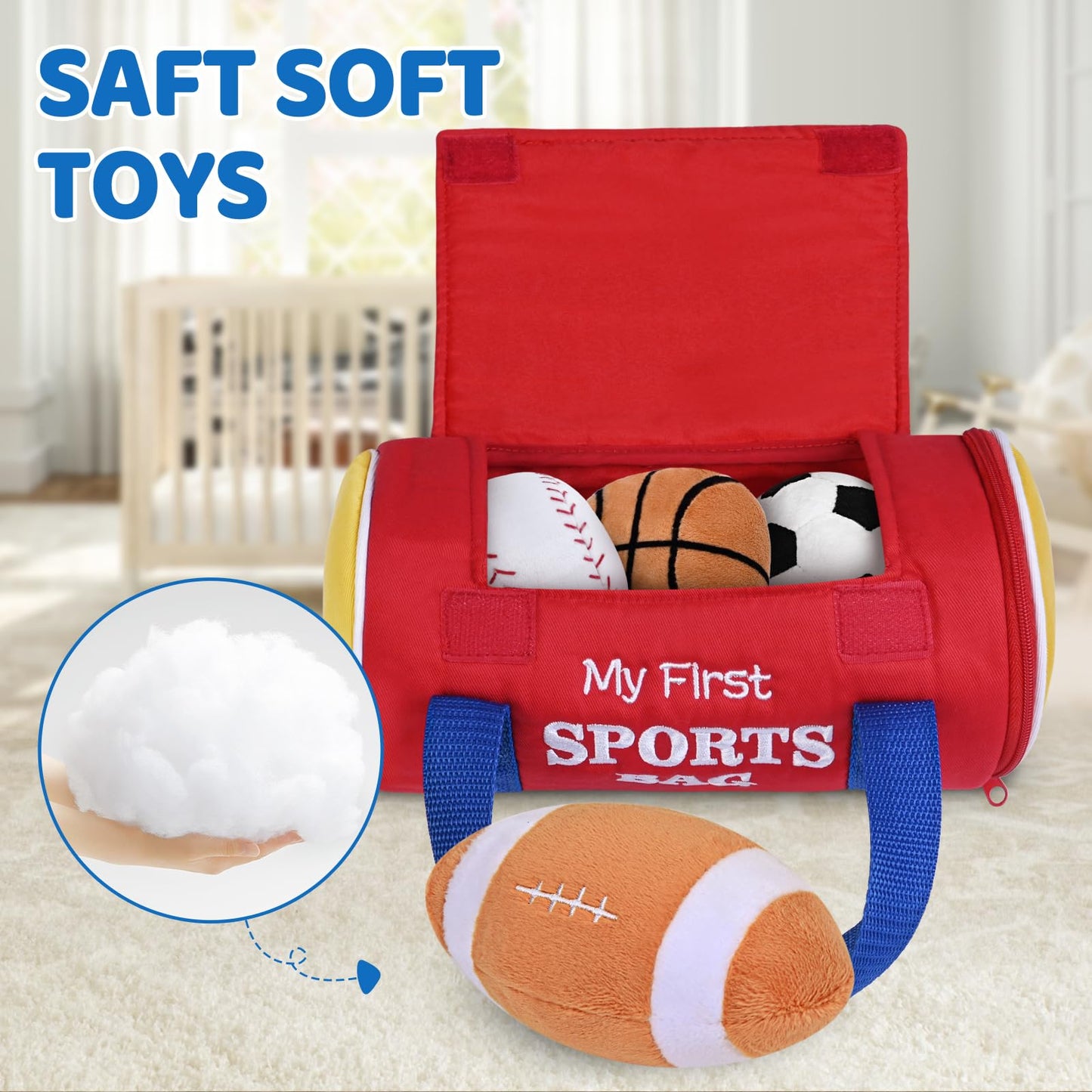 KMUYSL Baby Toys 0-12 Months, My First Sports Bag Plush Toy - 4 Sensory Balls Soft Toys with Crinkle, Rattles for 0-3-6-9-12 Month Newborn Infant, 1st Birthday for Babies Boys Girls Age 1