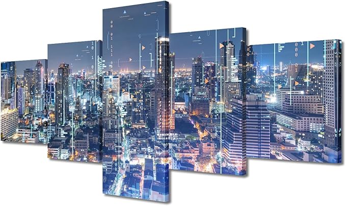 Canvas Wall Art for Living Room Modern City Landscape Picture 5 Panel Big Data Connection Poster Big Data Worker Home Decor Native Americans Office Decor Frame and Stretched Ready to Hang 50x24 Inch