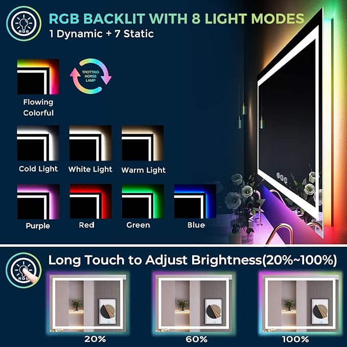 48x38 Inch RGB LED Bathroom Mirror Front Light and RGB Backlit Lighted Vanity Mirror for Bathroom Wall Mounted Dimmable Anti Fog Memory Shatter-Proof IP54 Waterproof Horizontal/Vertical