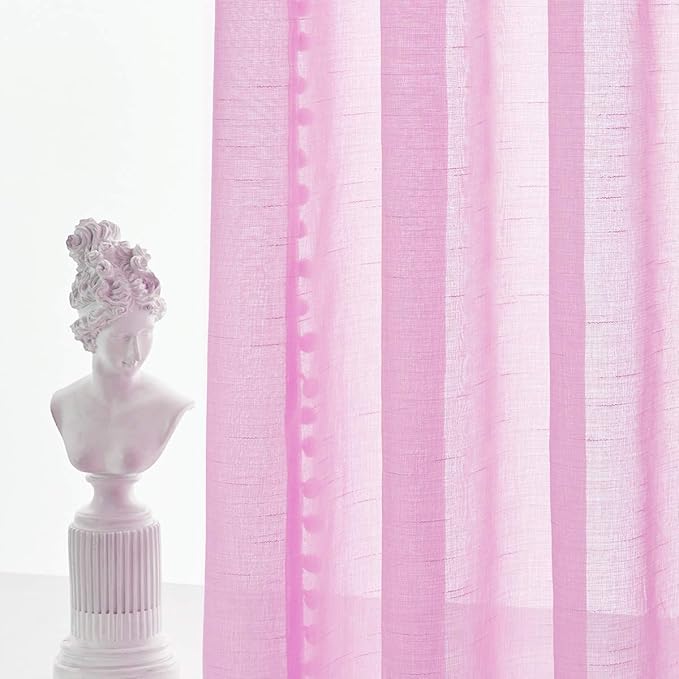 Treatmentex Pom-Pom Pink Sheer Curtains for Girl's Room 95 inches Linen Textured Look Red Sheer Window Draperies for Bedroom Living Room, 52" w x 2 Panels, Rod Pocket