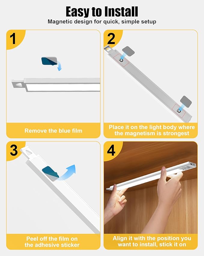 Under Cabinet Motion Sensor Lighting - 16 Inch Wireless Under Cabinet Lighting, Rechargeable with Magnetic Mount, 5CCT Adjustable for Kitchen/Hallway (White, 2-Pack)