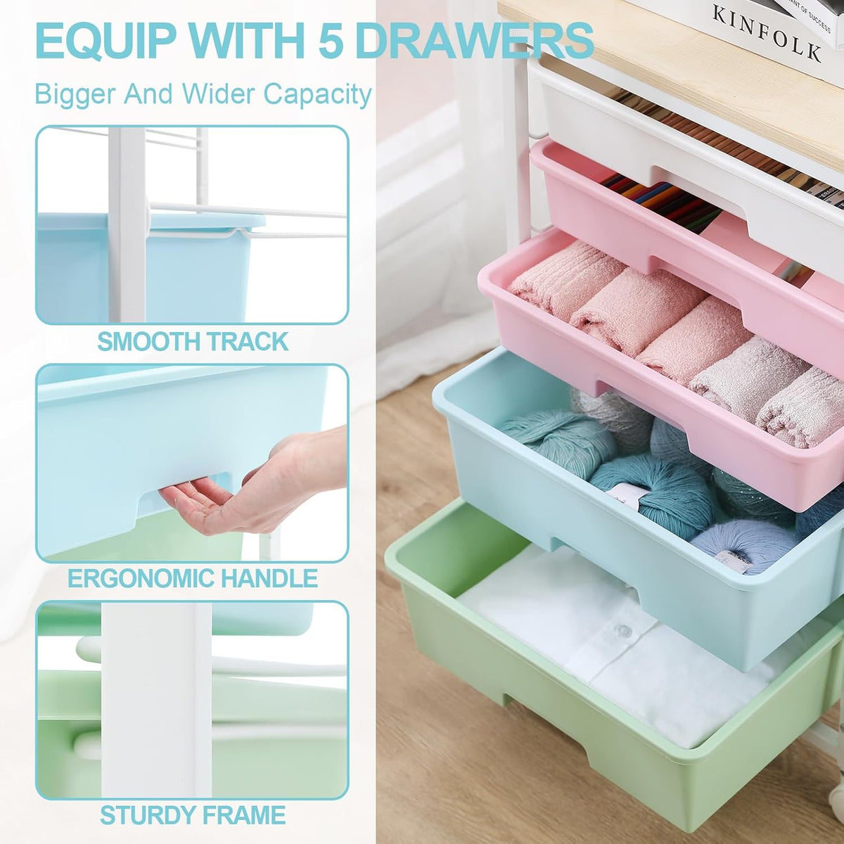 Utility Cart with 5 Drawers,Storage Drawer Cart with Wooden Tabletop and Lockable Wheels,Craft Storage Trolley Cart,5-Tier Rolling Utility Cart on Wheels,Rainbow