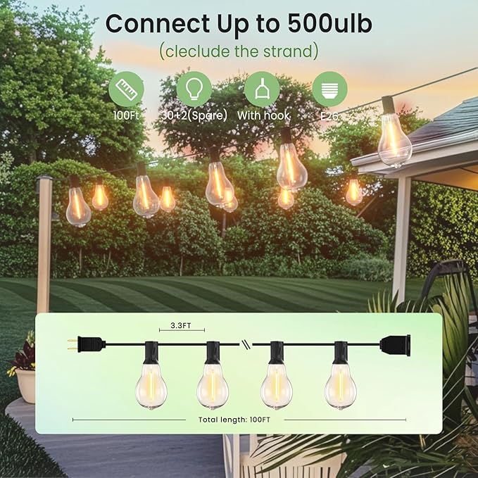 Outdoor String Lights 100FT Waterproof LED Outdoor Lights for Patio with 53 Shatterproof LED Bulbs (3 Spare),Outside Hanging Light for Party, Bistro, Gazebo, Backyard, Garden,Black Cord