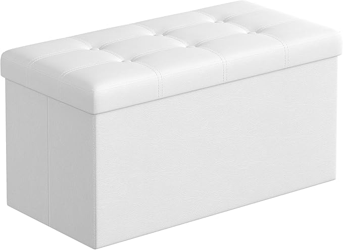 SONGMICS MAZIE Collection - 30 Inches Folding Storage Ottoman Bench, Ottoman with Storage, Foot Rest Stool, Load 660 lb, for Living Room, Synthetic Leather, White ULSF106