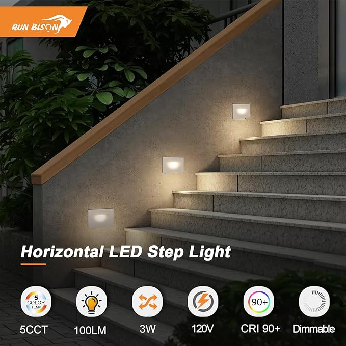 Horizontal Step Lights, 5CCT Selectable, IP65 Waterproof, 3W 100LM, 120V LED Stair Lights Indoor Outdoor, 10%-100% Dimmable, White, ETL Listed - 12PK