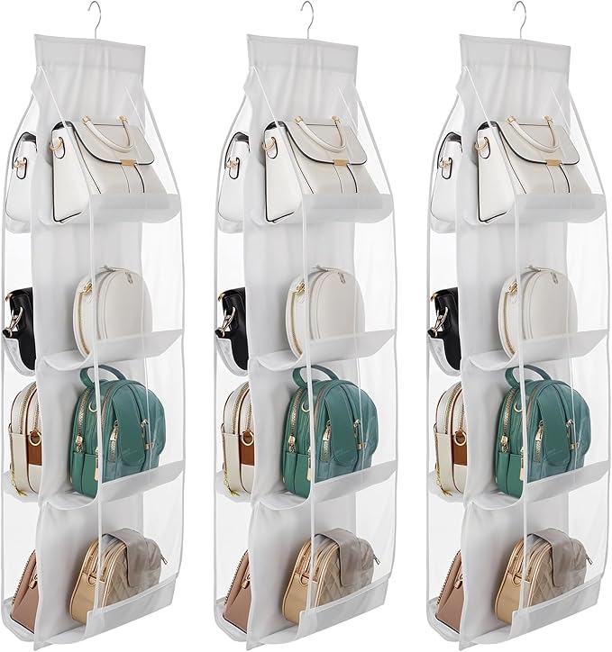 3Pack Hanging Handbag Organizer for Closet – 8 Clear PE Pockets, Space-Saving Purse Storage Holder (White, 41” x 13.5”)