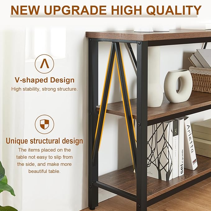 HOMISSUE Entryway Console Table, Rustic Console Table with Wide Storage, Industrial Foyer for Entryway with 3-Tier Open Shelves, Entry Tables for Living Room, Hallway, Brown, 47 Inch