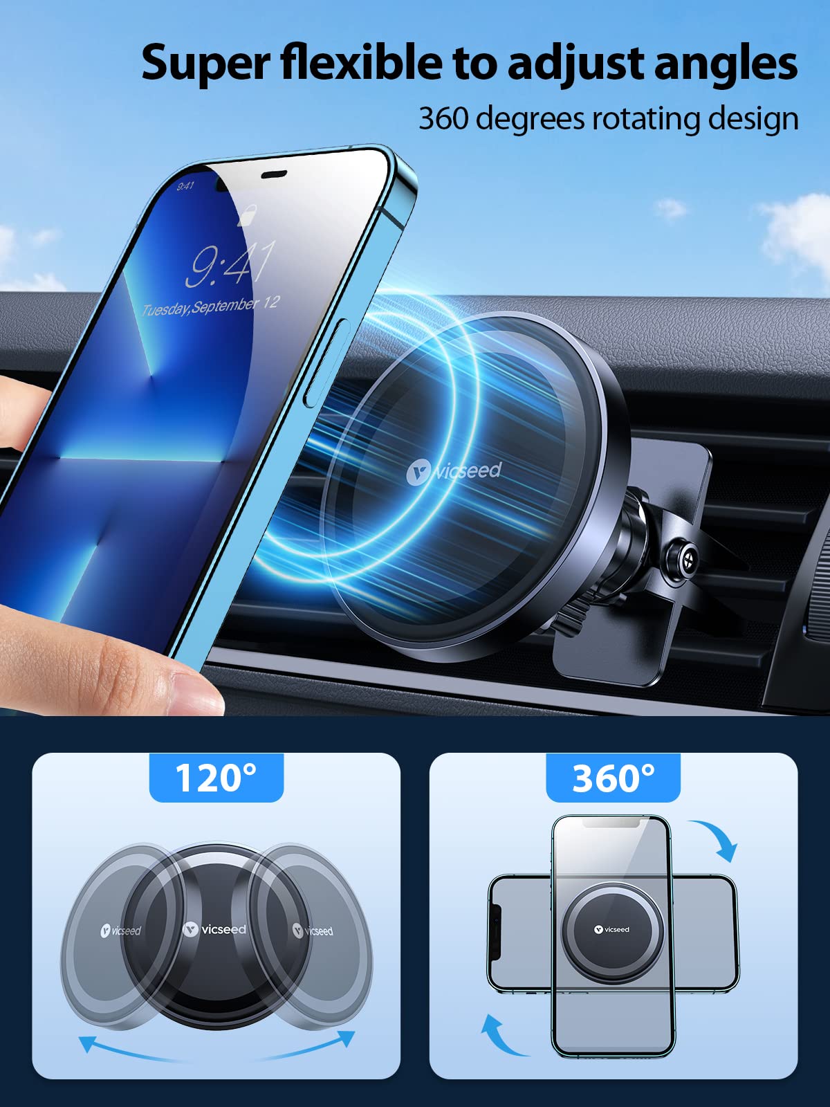 VICSEED for MagSafe Car Mount [Upgraded Strongest Magnet Power] Magnetic Phone Holder for Car Vent 360 Adjustable Magnetic Car Phone Holder Mount for iPhone 16 Pro Max 15 14 13 12 Plus Mini