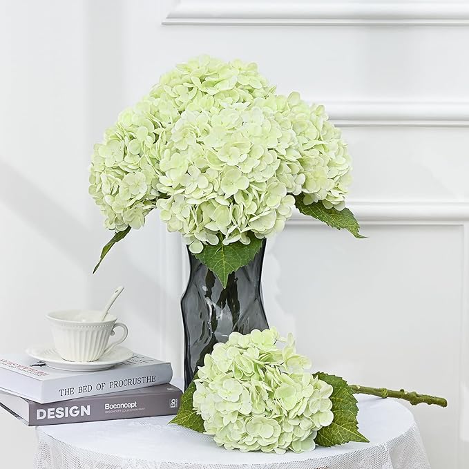 MARTINE MALL 3Pcs 21in Hydrangea Artificial Flowers, Latex Real Touch Hydrangeas Lifelike Large Hydrangea Flowers for Home Decor Party Arrangements Wedding Bouquets Centerpieces (Light Green)