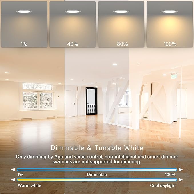 6" LED Smart Slim Recessed Pot Light, WiFi APP & Voice Control, 120VAC, 13W, 1000LM, RGB + 2700K-6000K, ETL & FCC & IC Rated, Wet Location, Compatible with Alexa/Google Home, White - 4 Packs