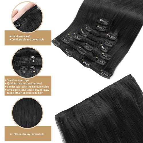 ABH AMAZINGBEAUTY HAIR Clip in Hair Extensions Human Hair Straight Clip in Extensions Full Head Clip in Remy Human Hair Clip ins Jet Black Color #1 Reusable Invisible 8Pcs 20 Inch 120 Grams