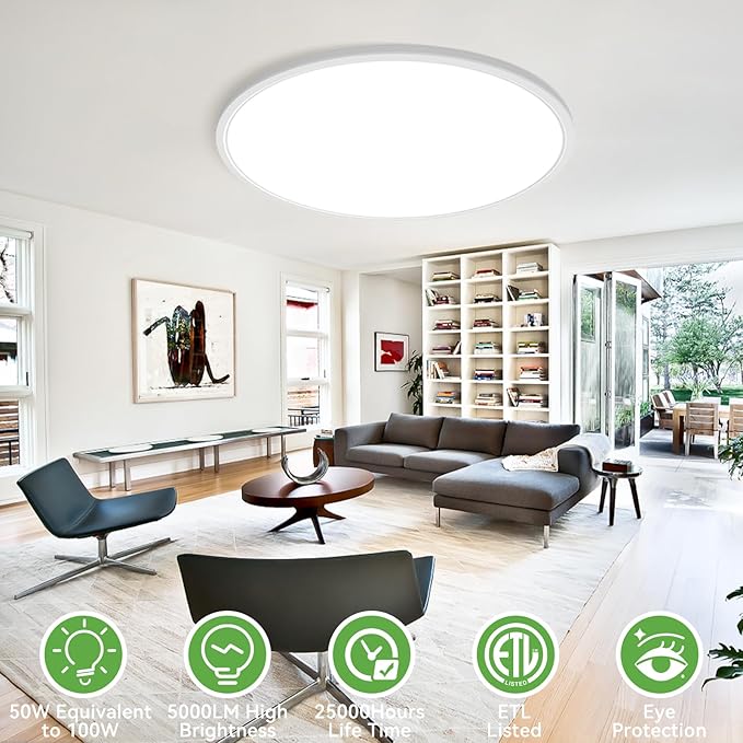 zemty 2Pack 20 inch LED Flush Mount Ceiling Light, 50W 5000lm Large Light Fixture, 3 Color Temperature in One 3000k 4500k 6000K Round Modern Ceiling Lamp for Bedroom Kitchen Dining Room (White)