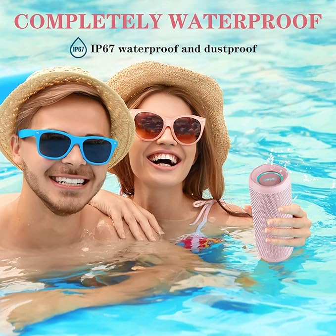SOWO Outdoor Wireless Portable Bluetooth Speaker, IPX7 Waterproof Speaker, 25W Loud Sound, Bassboom Technology, TWS Pairing, 16H Playtime with Lights - Pink