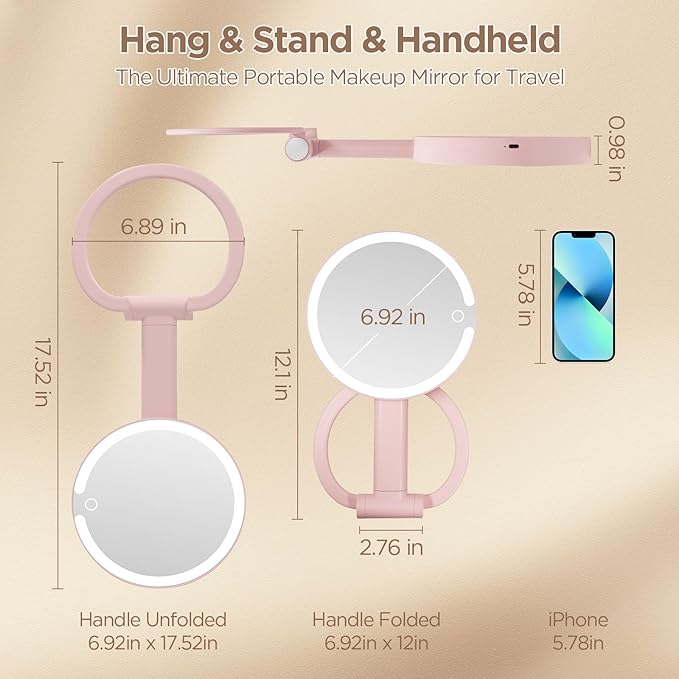 Makeup Mirror with Lights - 360° Rotation, 3 Color Modes (Dimmable), 1X/10X Magnifying Double-Sided Mirror, Rechargeable & Portable Vanity Mirror with Touch Control for Tabletop, Home, Travel Pink