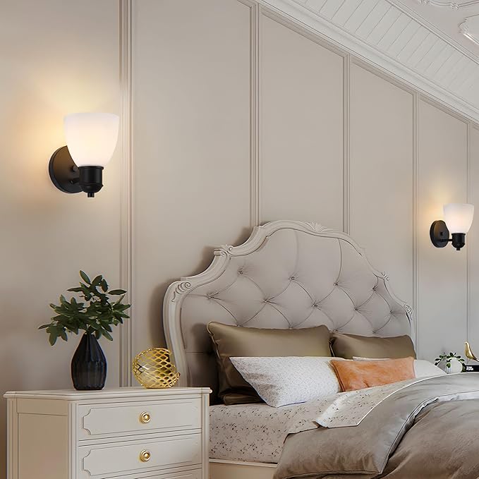 Wall Sconces Set of Two, Matte Black Vanity Lights for Bathroom, Modern Wall Light Fixtures Mount Lamp with Cloudy-Patterned Glass for Bedroom Mirror Living Room Hallway Kitchen