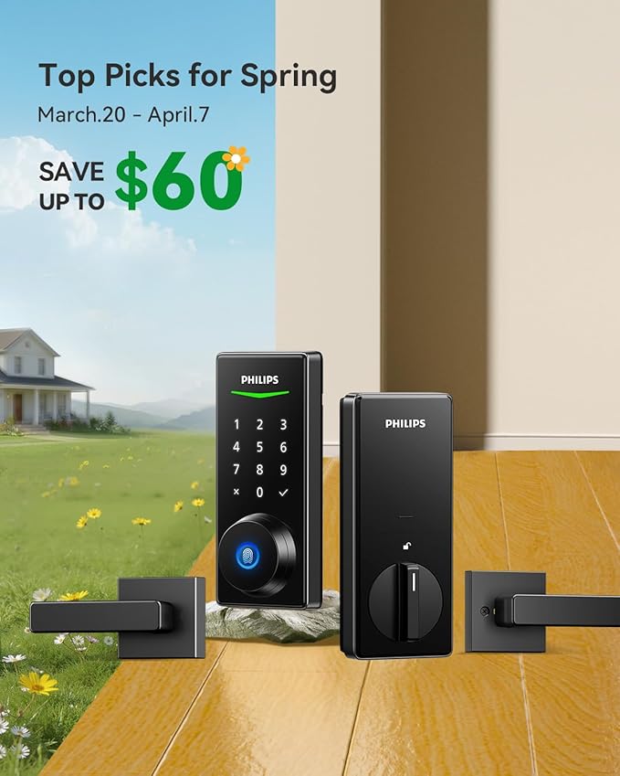 Philips WiFi Smart Lock with Handle, Fingerprint Keyless Entry Door Lock with WiFi Bridge, Smart Locks for Front Door with Handle Set, APP Remote Control, Voice Control, Auto-Lock, Matte Black