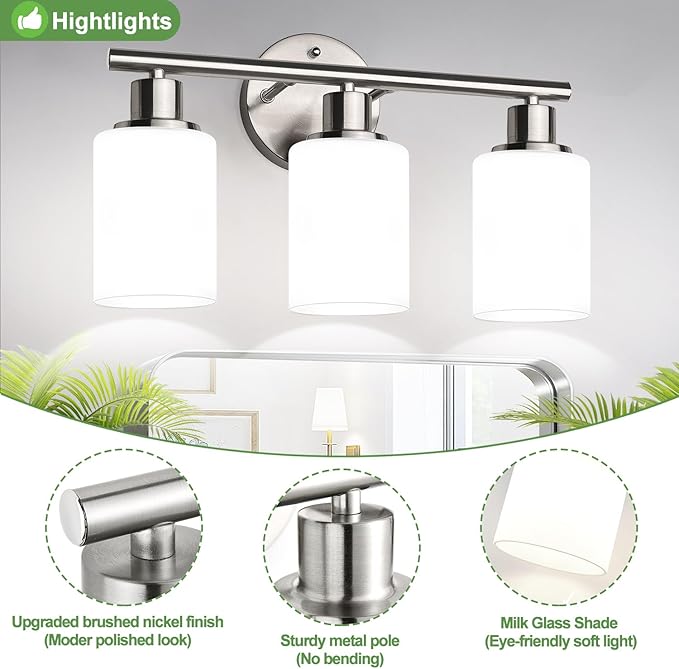 3-Light Bathroom Light Fixtures, Brushed Nickel Vanity Light, Farmhouse Wall Lights with Milky White Frosted Glass Shades, Bathroom Wall Lamp for Mirror Kitchen Bedroom Hallway Living Room