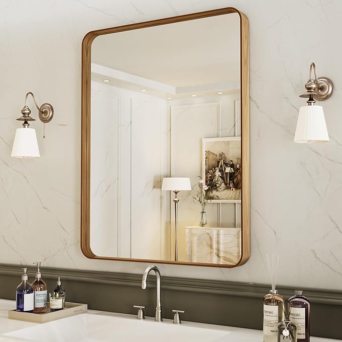 LOAAO 28X36 Bathroom Mirror with Wood Grain Colored Metal Frame, Rounded Rectangle Metal Framed Bathroom Mirror, Anti-Rust, Hangs Horizontally or Vertically