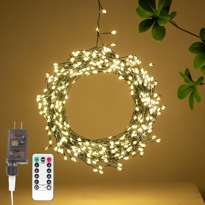 Firecracker Fairy Lights,50FT 500Leds Waterproof Twinkle Lights Plug in,8 Modes Remote String Light for Indoor Outdoor Christmas Wedding Birthday Patio Garden Decor,Green Wire,Warm White