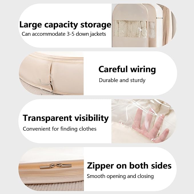 Space Saving Hanging Garment Bag with Self Compression Zipper，Dust Cover Clothes Bags for Down Coat,Dress,Suit，Closet Storage Organizer for Home Travel Use (Beige, L)