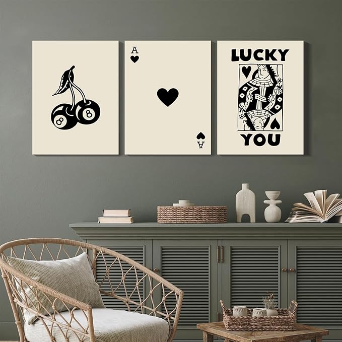 TWNSLLA Framed Retro Wall Art Set of 3 Lucky You Posters,Beige and Black Wall Art Decor,Trendy Queen Poker Ace Card Canvas Art Prints,Minimalist Modern Wall Decor Living Room Vintage Farmhouse Bathroom Decor Wall Art,12"x16"