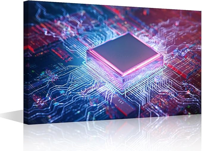 1 Piece Glowing CPU Canvas Wall Art Painting Technology Digital Art Wall Decor for Living Room AI Pictures Print on Canvas Framed Modern Artwork for Home Wall Bedroom Decorations, 18x12in