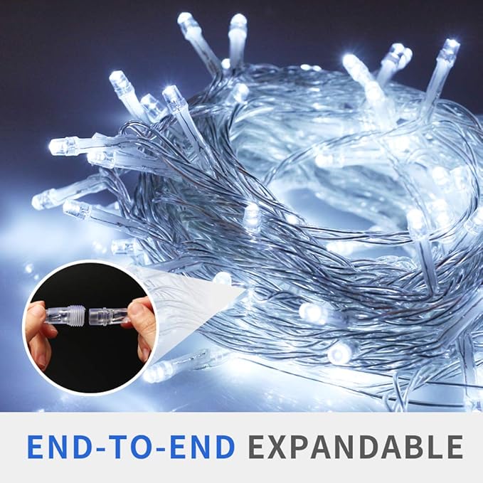 Christmas String Lights,33FT 100 LEDs White Chritsmas Tree Lights Indoor Connectable String Light Clear Wire 8 Modes Plug in for Room Tree Wedding Decoration