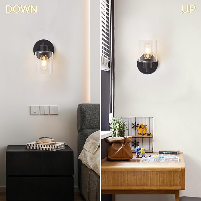Black Wall Sconce,Wall Light Fixtures, Modern Bathroom Light Fixture with Clear Glass Shade and Moisture and Rust Prevention,Hallway Wall Lamp Mount Light Fixtures for Wall(1PACK)