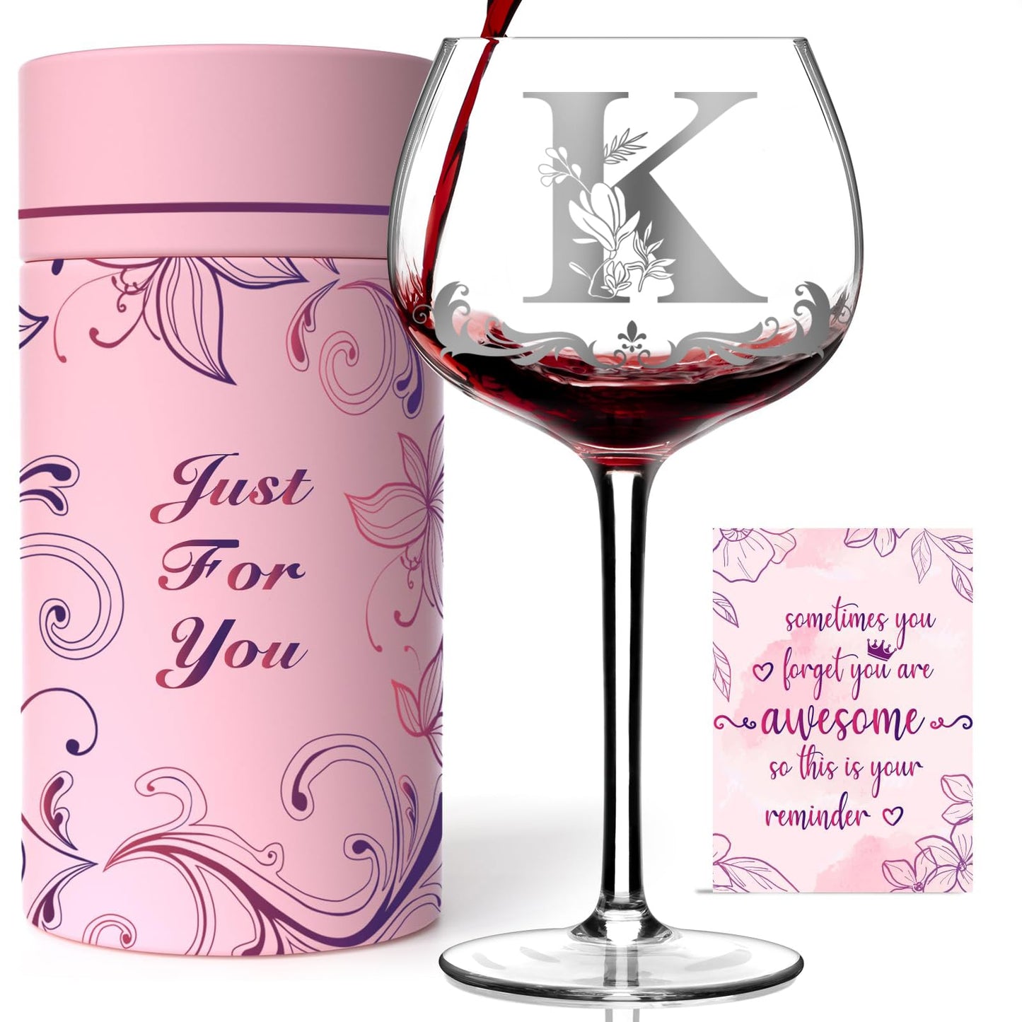 Personalized Monogram Gifts for Women - Customized Initial A-Z Wine Glass, Unique Birthday Christmas Gifts for Her, Mom, Wife, Sister, Daughter, Friend (Letter K)