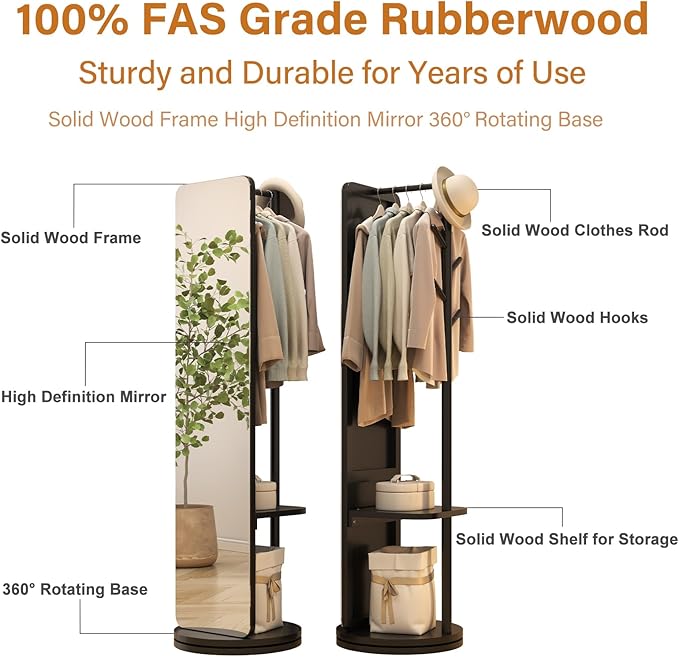 70"x19"Full Length Mirror with Stand,Coat Rack with Mirror,Solid Wood Floor Mirror,Swivel Mirrorfor Bedroom, Living Room, Cloakroom