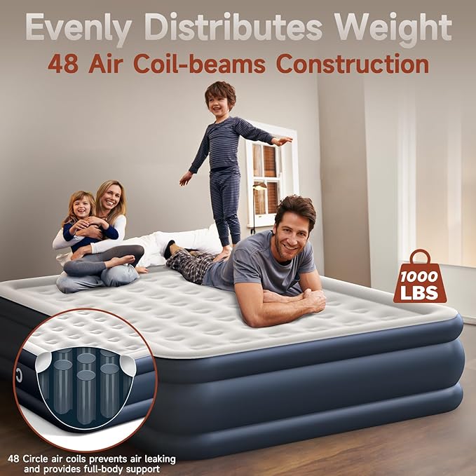 King Size Air Mattress with Built-in Pump, 18in Raised Heavy Duty Inflatable Bed, 1000lbs Maxs, Fast Inflatable Blow up Mattress with Carry Bag, Air Bed for Camping Sleepover Guest Room