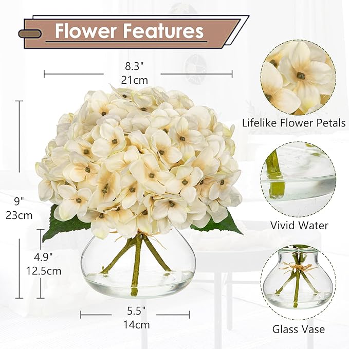 Hollyone Fall Hydrangea Artificial Flowers for Decoration with Glass Vase White Silk Fake Flower Arrangements with Faux Water Autumn Table Centerpiece Vase with Flowers Fall Decorations for Home