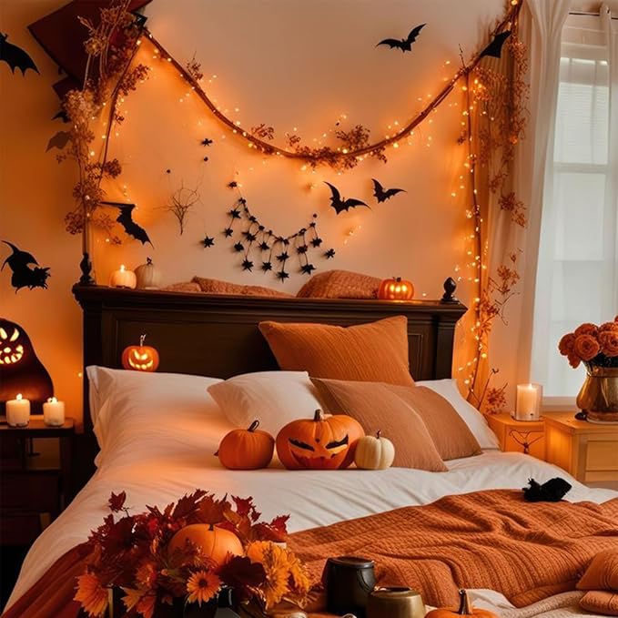 LAMPHOME Orange Fairy Lights, 100 LED 33ft Battery Operated Halloween Lights with Remote, 8 Modes Twinkle String Light for Halloween Thangksgiving Fall Tree Indoor Outdoor Decoration
