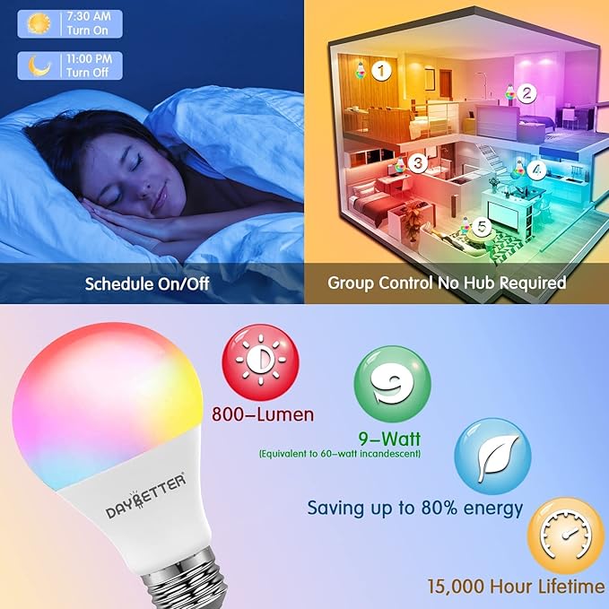 DAYBETTER Smart Light Bulbs, Alexa Light Bulb, WiFi Light Bulbs, RGBCW Color Changing Light Bulb A19 9W 800LM, Smart Bulbs That Work with Alexa & Google Assistant, 2.4Ghz only, No Hub Required,4 Pack